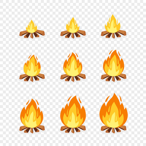 キャンプの火スプライト アニメーションのためのセットです。ベクトル漫画イラストたき火の燃焼フレーム。爆発、トーチ、炎、透明な背景にゲーム デザインのキャンプファイヤー - ベクター画像