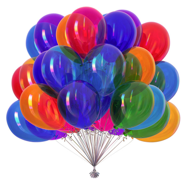 balloons shiny. multicolored birthday colorful party decoration. helium balloon bunch glossy different colors. holiday, anniversary celebration greeting card. 3d rendering - Φωτογραφία, εικόνα