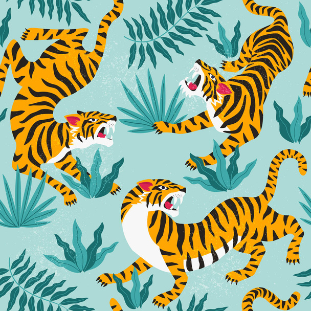 Seamless pattern with cute tigers on background. Fashionable fabric design. - Vektor, kép