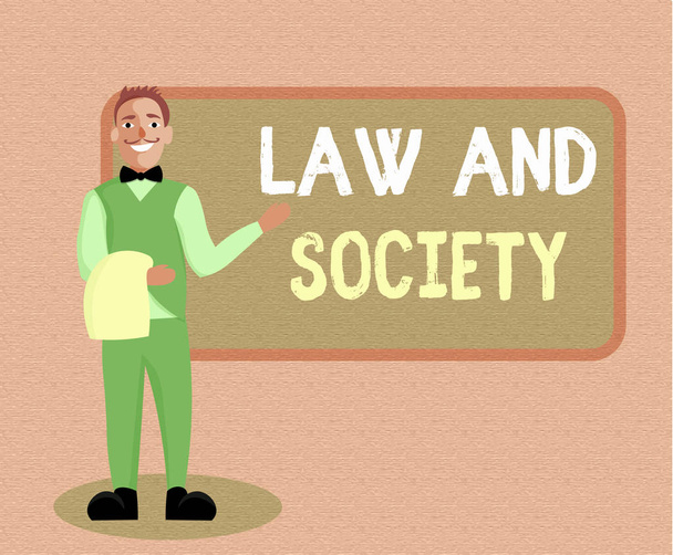 Schreibnotiz, die Recht und Gesellschaft zeigt. Business-Foto zeigt die wechselseitige Beziehung zwischen Recht und Gesellschaft - Foto, Bild