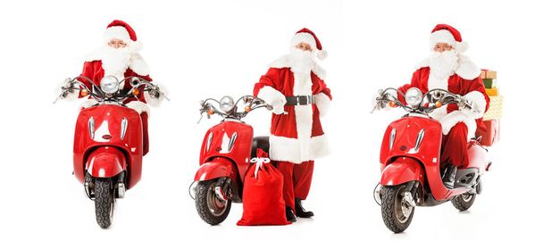 Коллаж Санта-Клауса с винтажным красным скутером в различных позах, изолированных на белом
 - Фото, изображение
