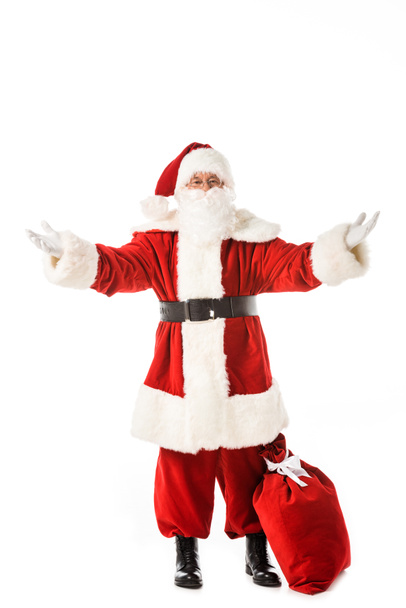 emotionale Weihnachtsmann mit Sack gestikulierend mit Händen isoliert auf weiß - Foto, Bild