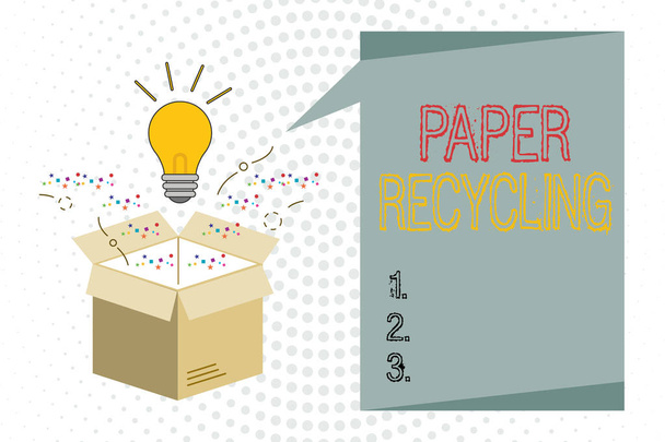 Escrita à mão escrita de texto Paper Recycling. Conceito de significado Utilizar os papéis usados de uma nova forma, reciclando-os
 - Foto, Imagem