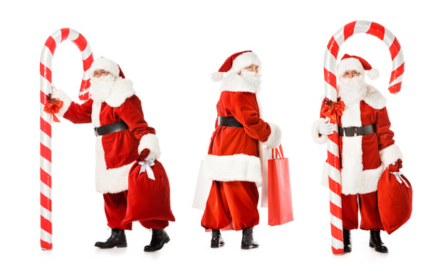Коллаж Санта-Клауса с конфеткой и сумки в различных позах изолированы на белом
 - Фото, изображение