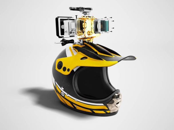 Moderno casco moto giallo con fotocamera gialla vista a destra rendering 3d su sfondo grigio con ombra
 - Foto, immagini
