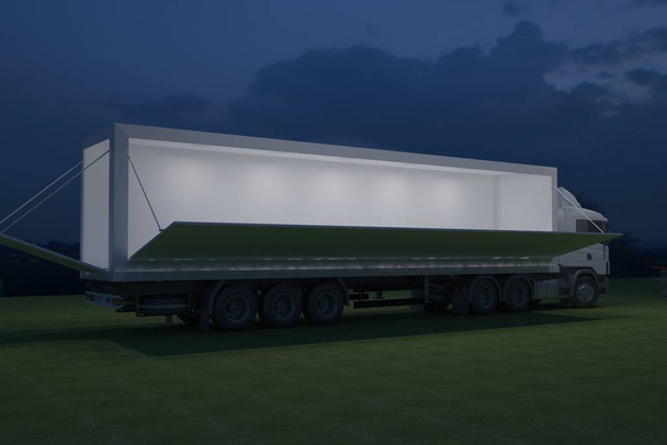 3D camion extérieur mobile scène événement conduit tv lumière nuit mise en scène rendu illustration
 - Photo, image