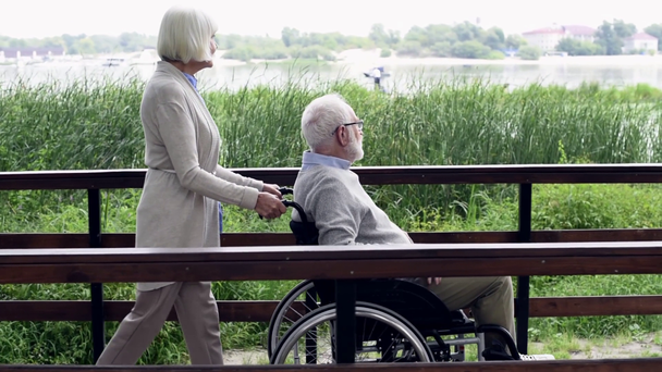 Zijaanzicht van senior vrouw man te duwen op de rolstoel op weg in de buurt van rivier in park - Video