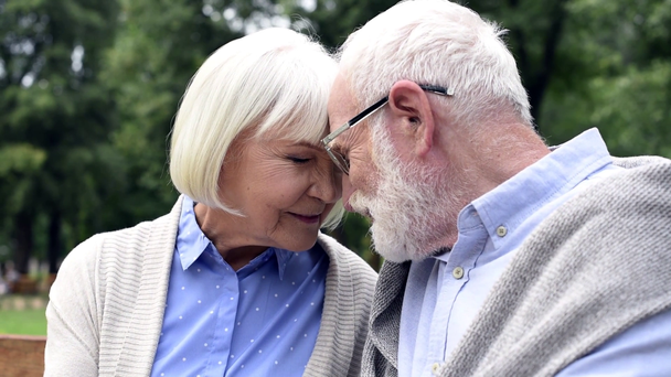 affectionate happy senior couple talking and touching with foreheads on bench in park - Footage, Video