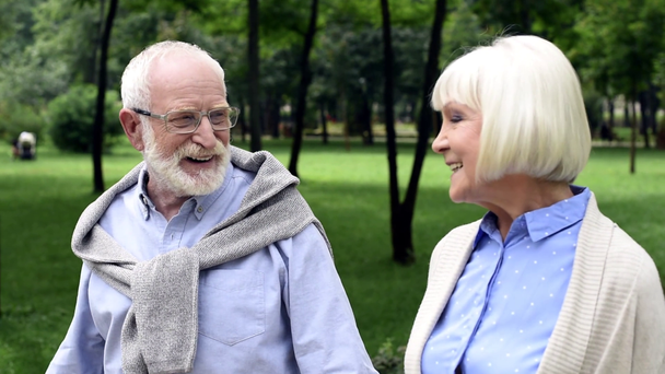 lachende senior paar lopend en pratend in park - Video