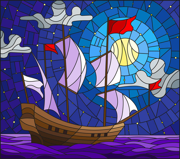 Illustration im Glasmalereistil mit einem alten Schiff, das mit weißen Segeln gegen Meer, Mond und Sternenhimmel segelt, Meereslandschaft  - Vektor, Bild