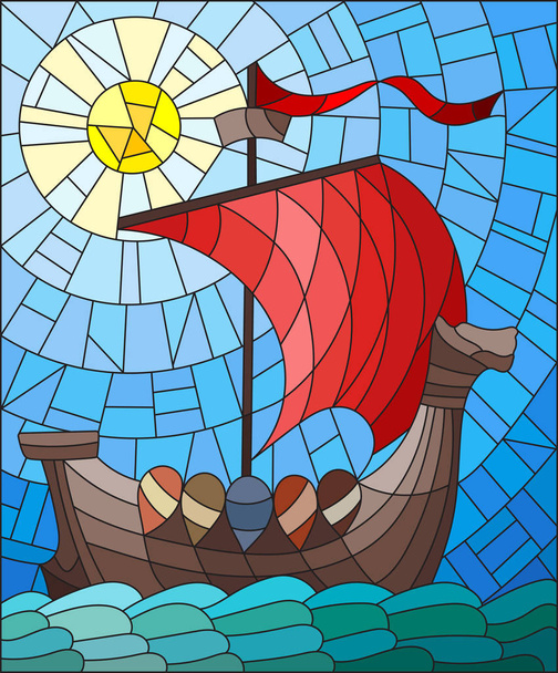 Illustration im Glasmalereistil mit antikem Schiff mit rotem Segel gegen Meer, Himmel und Sonne - Vektor, Bild