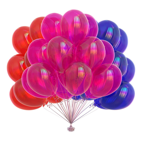3d rendering of balloons colorful birthday decoration multicolored red violet blue. entertainment advertisement symbol concept - Fotoğraf, Görsel