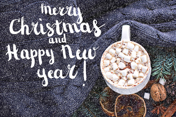 Cocoa, coffee  with marshmallows, nuts, gift. Winter, New Year, Christmas still life. - Foto, afbeelding