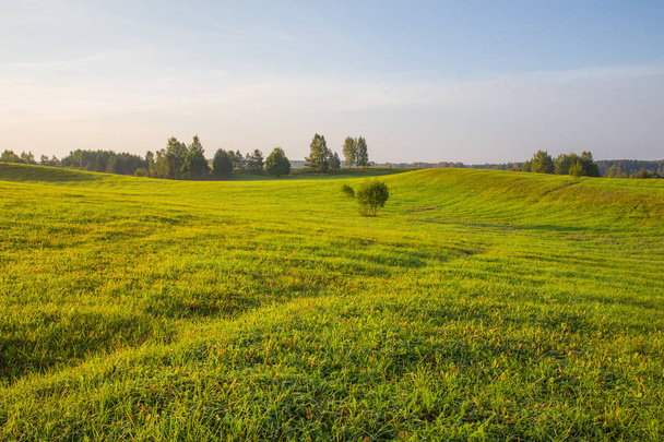 Πόλη του Kraslava, Λετονία. Νωρίς το πρωί με το φως του ήλιου, λιβάδια και δέντρα. Φωτογραφία φύσης. Ταξίδια φωτογραφία 2018. - Φωτογραφία, εικόνα