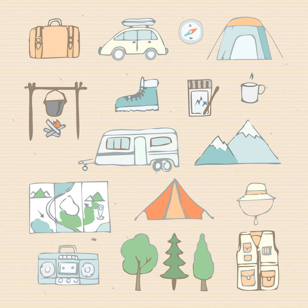 verão camping tema vário vetor ícones conjunto
  - Vetor, Imagem