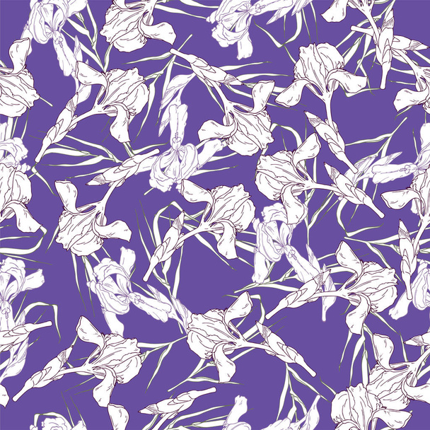 Geweldig iris veldboeket naadloze patroon op paarse achtergrond - Vector, afbeelding