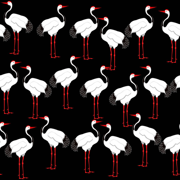 seamless vector pattern with crane birds on black background - Vector, Image