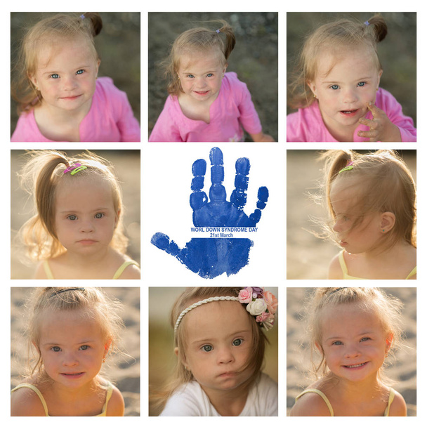 a collage of photos of the girl with Down syndrome on the beach - Photo, Image