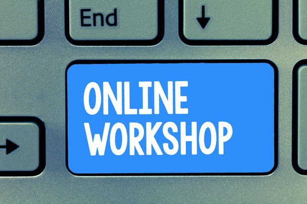 Slovo psaní textu Online Workshop. Obchodní koncept pro přehlídky zboží a zboží přes elektronické webové stránky - Fotografie, Obrázek