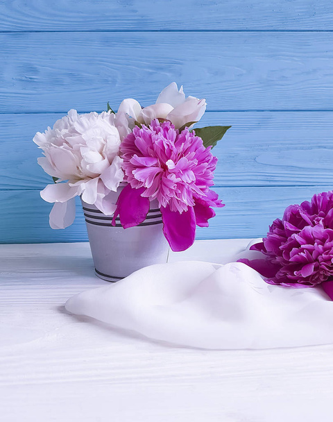 fresh peony bouquet on a wooden background, retro, shawl - Photo, Image