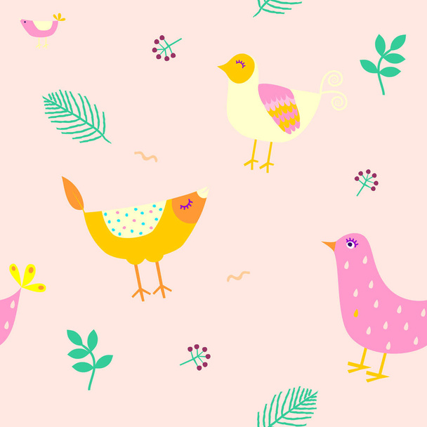colorful birds and leaves seamless vector pattern - Вектор, зображення