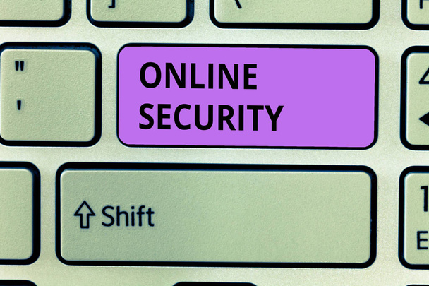 オンラインセキュリティを示す概念的な手書き。インターネット上の攻撃から守るためのルールを紹介するビジネス写真 - 写真・画像