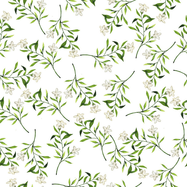 Seamless pattern with white flowers and green leaves on white background - Foto, Imagem