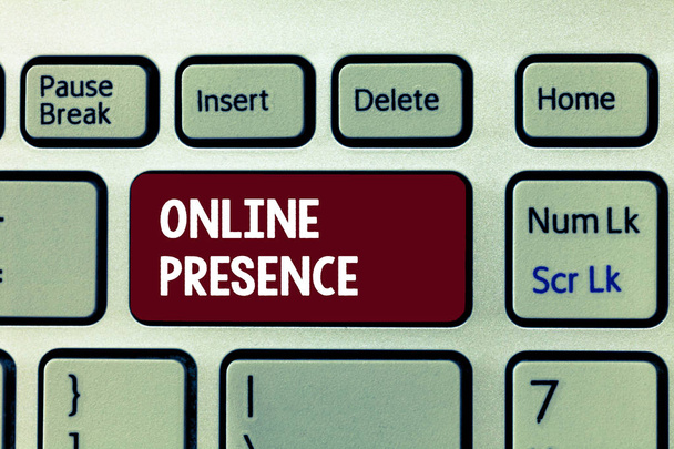 Conceptual hand writing showing Online Presence. Business photo showcasing existence of someone that can be found via an online search - Photo, Image