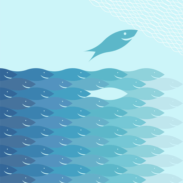 background with fish pattern in blue colors - Vector, Image