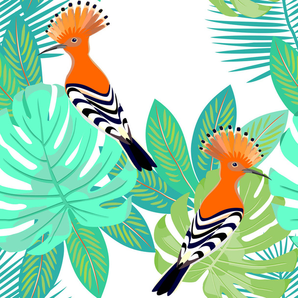 Hoopoe birds and green tropical leaves seamless vector pattern - Vector, Image
