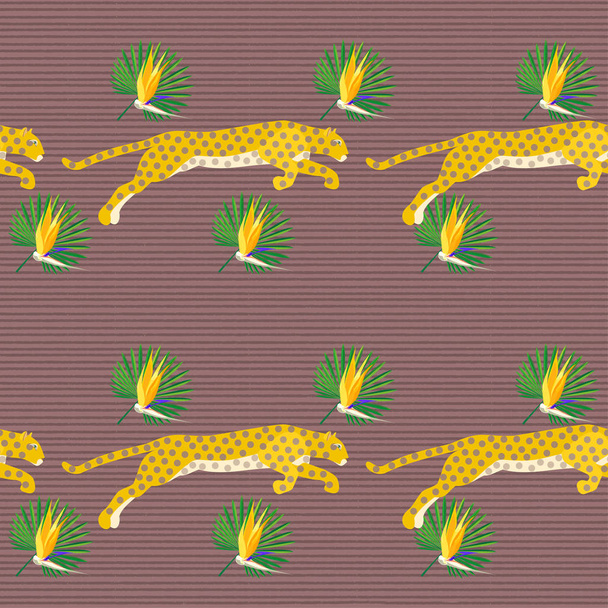 seamless vector pattern with leopards and tropical leaves - Vettoriali, immagini