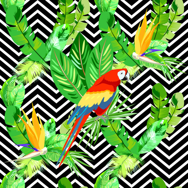 безшовний векторний візерунок з тропічним зеленим листям і папугою
 - Вектор, зображення
