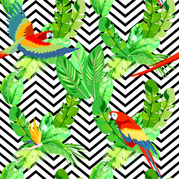 naadloze vector patroon met tropische groene bladeren en papegaaien - Vector, afbeelding