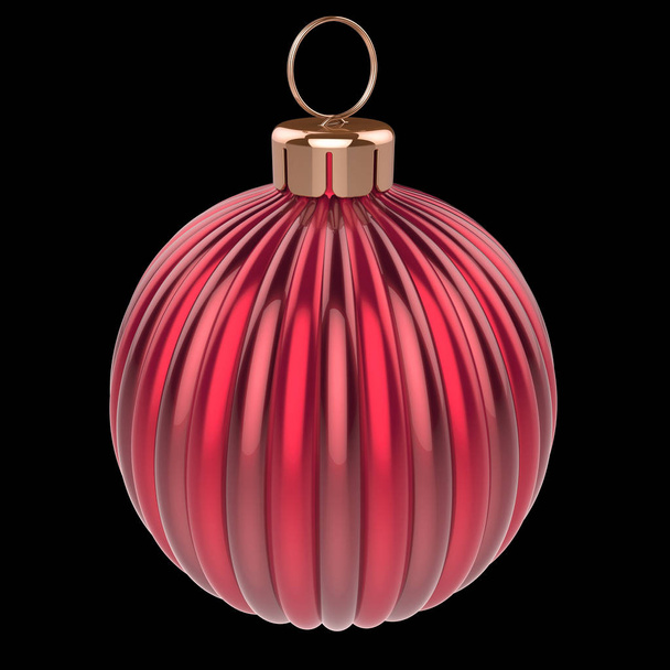Christmas ball shiny metallic red. New Year's Eve bauble decoration glossy sphere hanging adornment. Merry Xmas symbol. 3d rendering, isolated on black - Foto, afbeelding