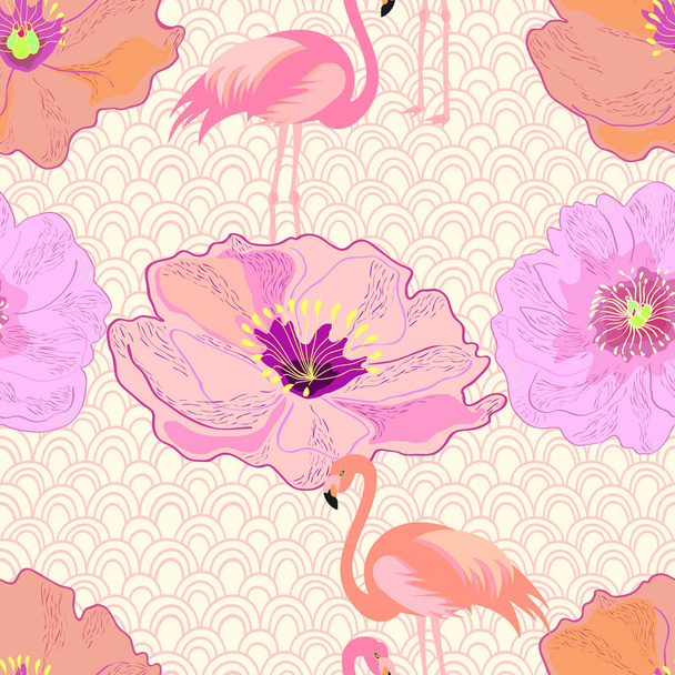 seamless vector background with flamingos and flowers  - Vecteur, image