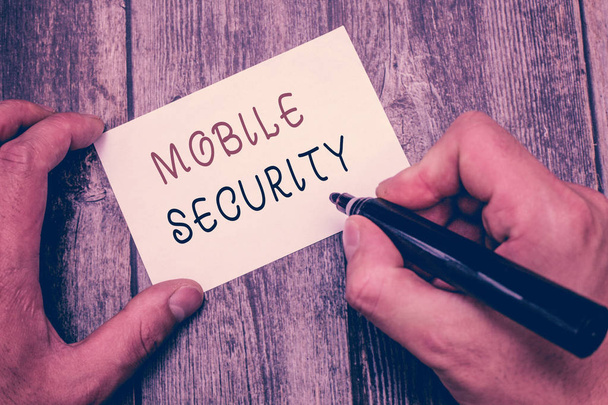 Writing note showing Mobile Security. Business photo showcasing Protection of mobile phone from threats and vulnerabilities - Photo, Image