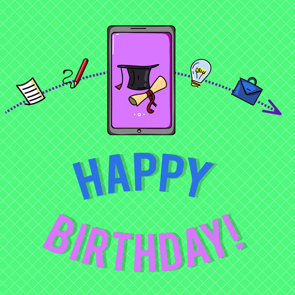 Tekst bord Happy Birthday tonen. Conceptuele foto de geboorte verjaardag van een persoon wordt gevierd met cadeautjes - Foto, afbeelding