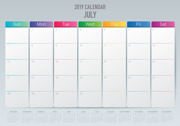 Julio 2019 escritorio calendario vector ilustración, diseño simple y limpio
. - Vector, Imagen
