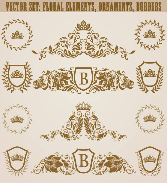 Set van gouden monogrammen met florale elementen voor pagina, web - Vector, afbeelding