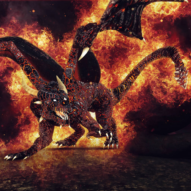 Ночная сцена с огненным драконом, стоящим в пламени и дышащим огнем. 3D рендеринг
. - Фото, изображение
