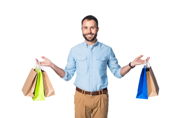 man with shopping bags isolated on white - Foto, afbeelding