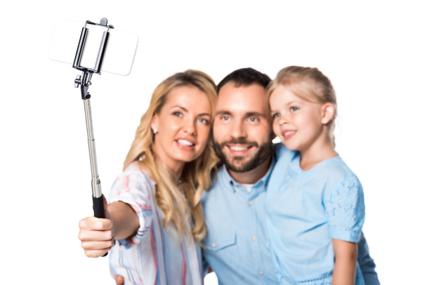 happy family taking selfie isolated on white - 写真・画像