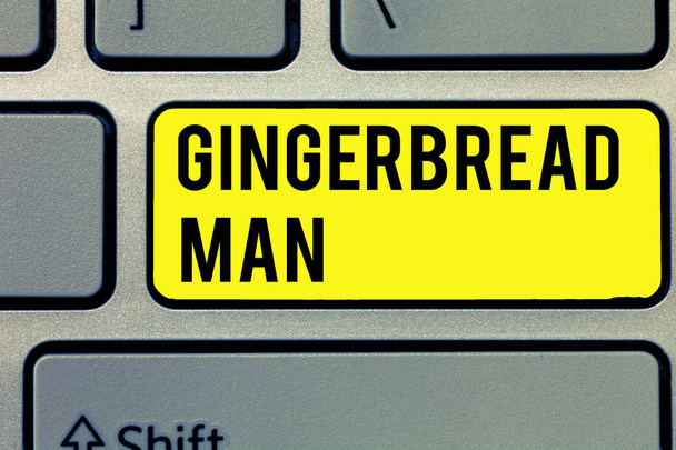 Tekst znak Wyświetlono Gingerbread Man pojęciowy cookie zdjęcie wykonane z piernika, zwykle w kształcie człowieka - Zdjęcie, obraz