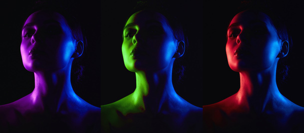 Ομορφιά κολάζ. Ουράνιο τόξο γυναίκα σιλουέτα. Όμορφο κορίτσι στο χρώμα λαμπερά φώτα - Φωτογραφία, εικόνα