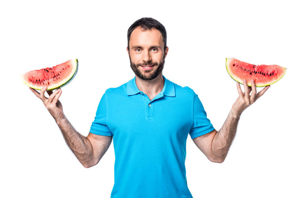 man with two slices of watermelon isolated on white - Fotografie, Obrázek