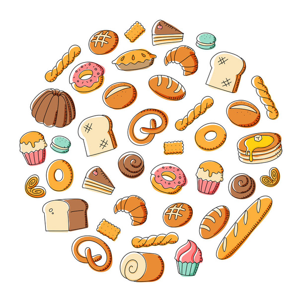 Bäckerei Kinder Hand Zeichnung gesetzt Muster Hintergrund Kreis Form Illustration bunt isoliert auf weißem Hintergrund - Vektor, Bild