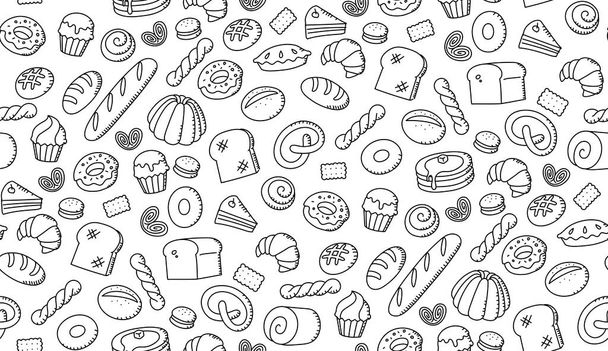 Fondo de patrón sin costuras Panadería niños dibujo a mano conjunto ilustración aislado sobre fondo blanco
 - Vector, Imagen
