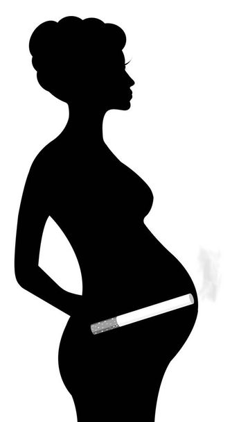 Těhotná žena s cigaretou silueta vektorové ilustrace, těhotenství koncepční vektorový obrys izolované na bílém pozadí - Vektor, obrázek