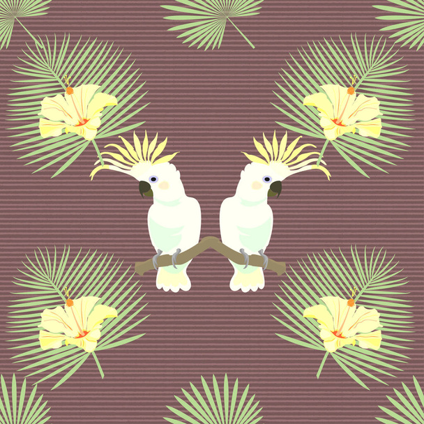 tropisches nahtloses Muster mit Papageien, Blättern und Blüten  - Vektor, Bild