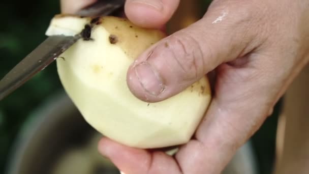 Mains féminines avec une petite plaie sur le doigt pelant la pomme de terre fermer. Plan au ralenti
. - Séquence, vidéo